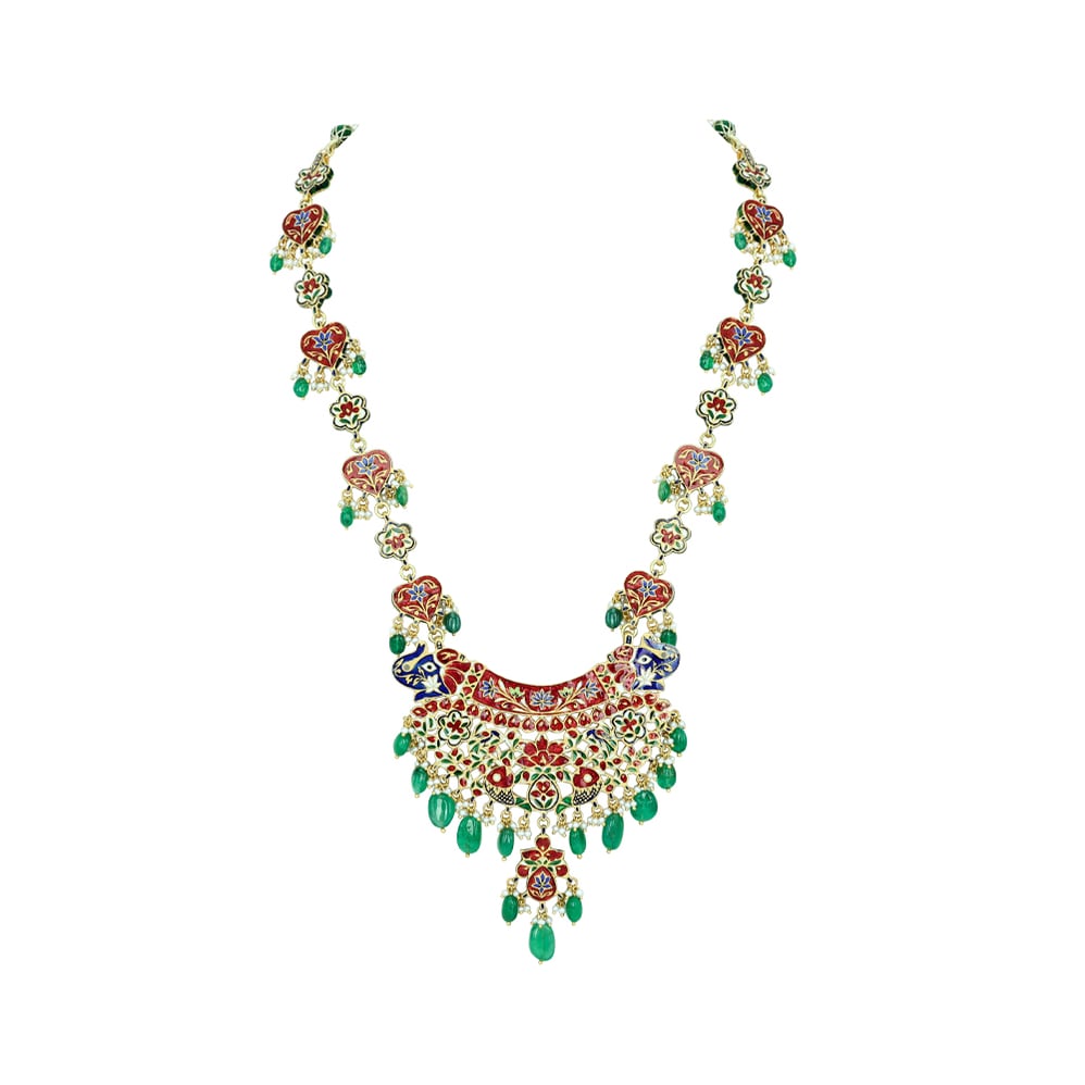 Polki Pendant Necklace with Red-Green Meenakari and Emeralds
